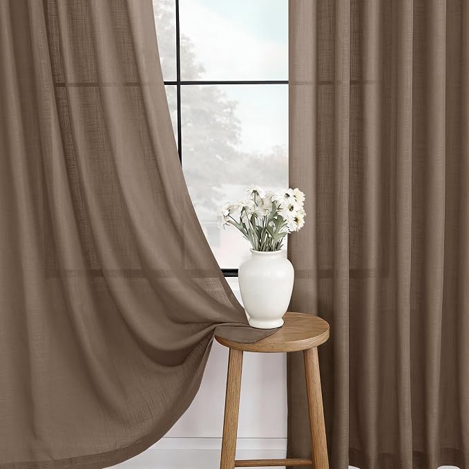Chocolate Brown Linen Curtain 63 inch Length 2 Panels Set Back Tab Light - Image 4