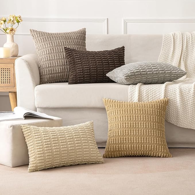 MIULEE Corduroy Decorative Throw Pillow Covers 18x18 Tan Pack of 2 | Soft - Image 5