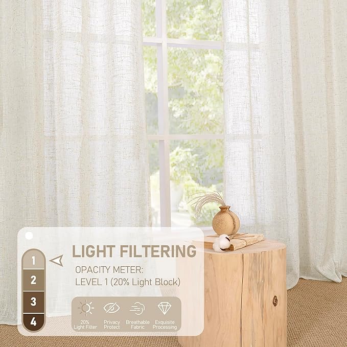 Linen Sheer Curtains 96 inches Long 2 Panel Set, Light Filtering Neutral Living - Image 4
