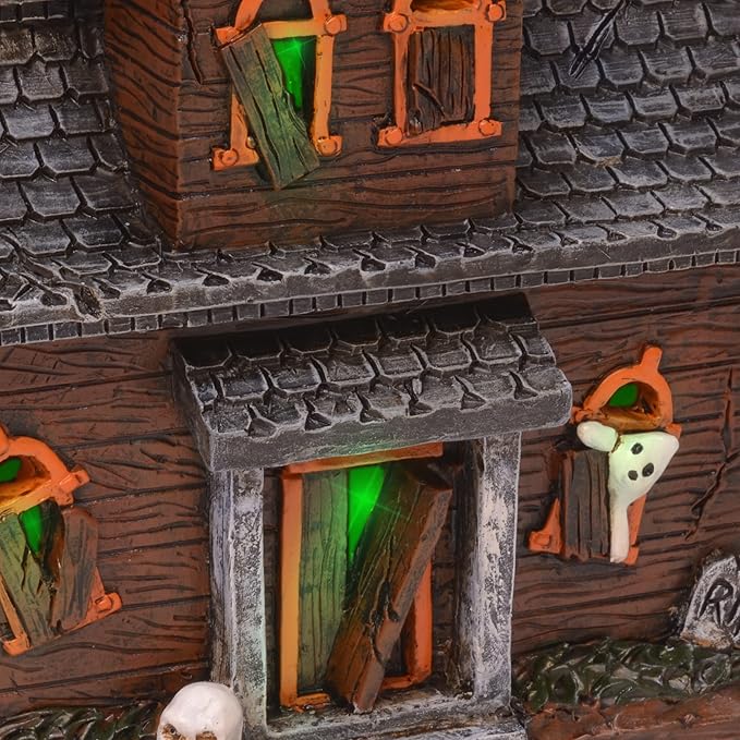 Mark Feldstein & Associates Spooky Halloween Color Changing Pre-Lit LED Haunted House Village Set, 8 Inch, Set of 3