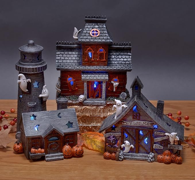 Mark Feldstein & Associates Spooky Halloween Color Changing Pre-Lit LED Haunted House Village Set, 8 Inch, Set of 3