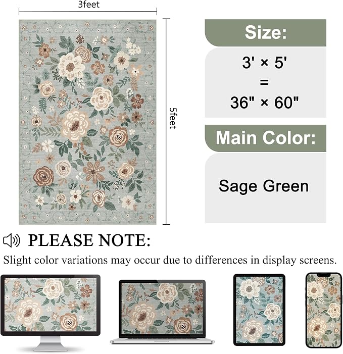 DUKINO 3x5 Area Rug, Floral Washable Rug - Image 2