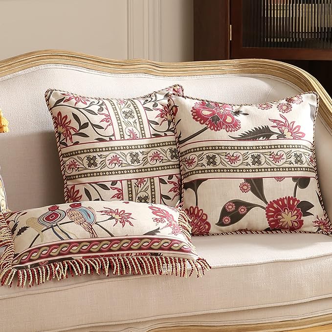 patdrea Designer Throw Pillow Covers Set of 4,Vintage Red Linen Pillowcases with Flower and Birds Pattern Pillows Cover for Couch,Farmhouse Decorative Cushion for Bed Living Room Outdoor Car