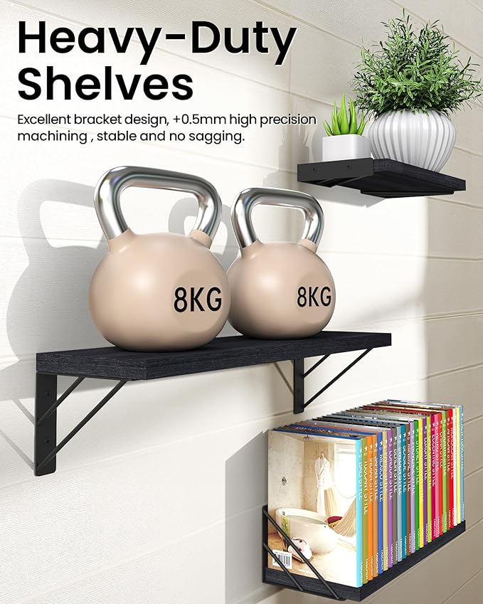 BAYKA Wall Shelves for Bedroom Decor, Floating Shelves for Wall Storage, Display Mounted Rustic Wood Shelf for Books,Plants,Corner Shelves for Bathroom,Kitchen,Living Room(Set of 4)