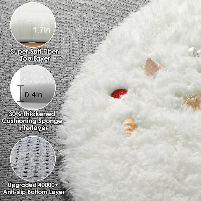 Cream White Round Rugs 8ft for Living Room, Ivory Fluffy Bedroom Circle Area Rug - Image 2