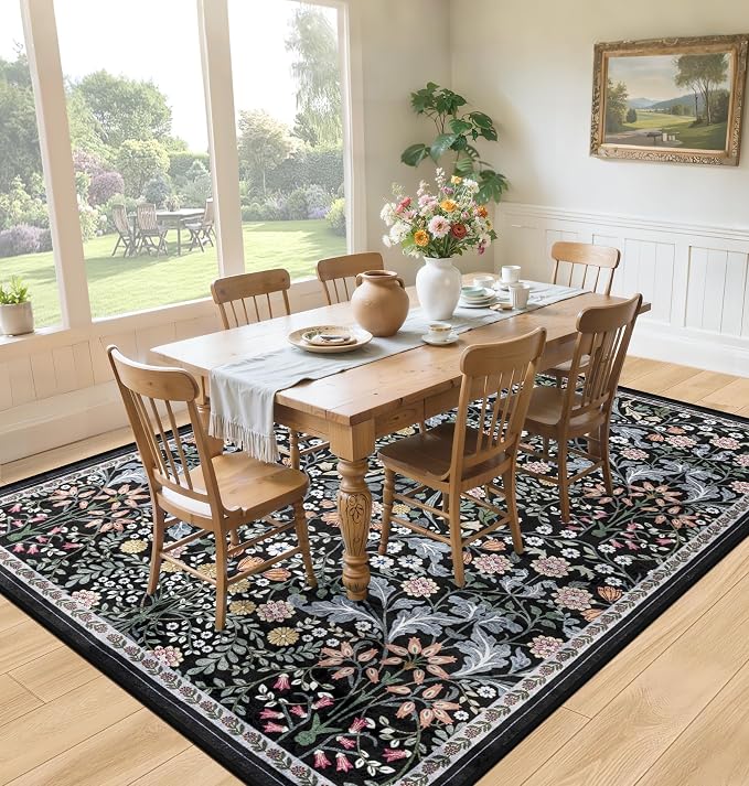 PLHXFR Area Rug 10x14 Living Room: Floral Washable Boho Carpet Dark Black | - Image 4