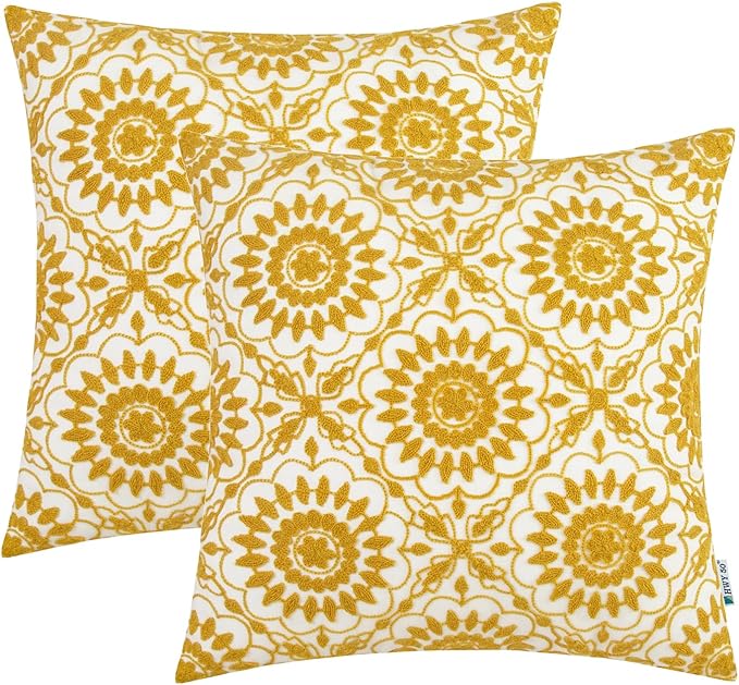HWY 50 Mustard Yellow Decorative Throw Pillow Covers 18x18 Inch, Pack of 2 Embroidered Cotton Farmhouse Cushion Cover Pillow Case for Sofa Couch Living Room Bed Bedroon, Little Sunflower Design