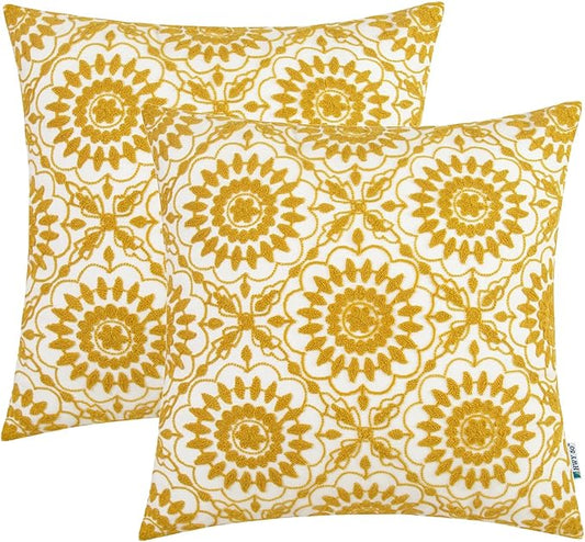 HWY 50 Mustard Yellow Decorative Throw Pillow Covers 18x18 Inch, Pack of 2 Embroidered Cotton Farmhouse Cushion Cover Pillow Case for Sofa Couch Living Room Bed Bedroon, Little Sunflower Design