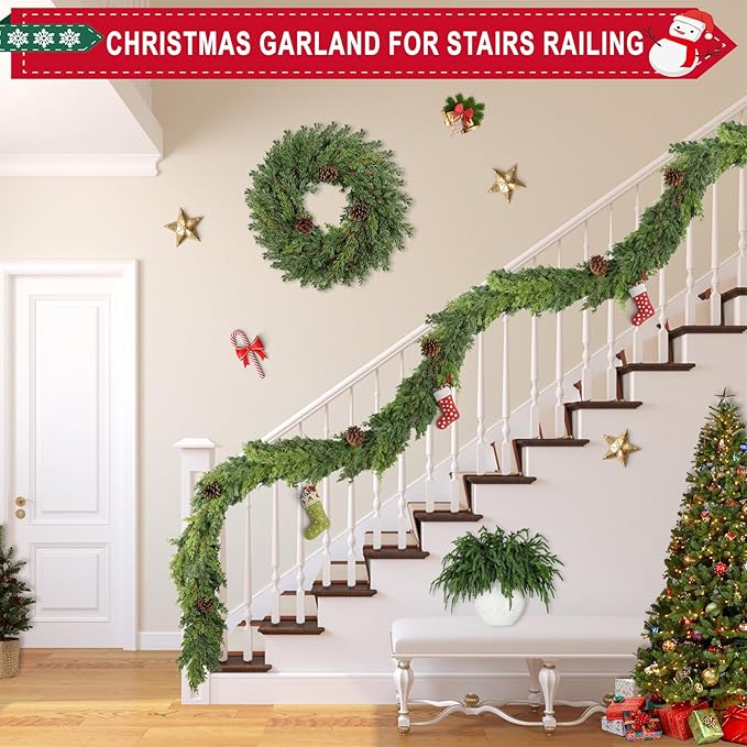 6 Ft Real Touch Christmas Garland Indoor with Pine Cone,Thick and Lush，Soft Bendable Mantle Garland Christmas, Lifelike Cedar Garland, Christmas Garland for Mantle,Indoor Christmas Decorations