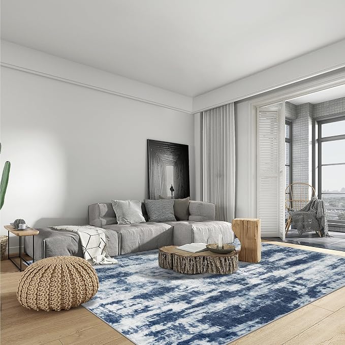 5x7 Area Rugs for Living Room: Washable Abstract Blue Grey Badroom Carpet | - Image 3