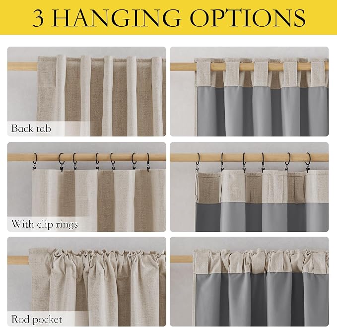 NICETOWN Natural Linen Blackout Curtain Panels 52 x 68 Inch, Thermal Liner - Image 3