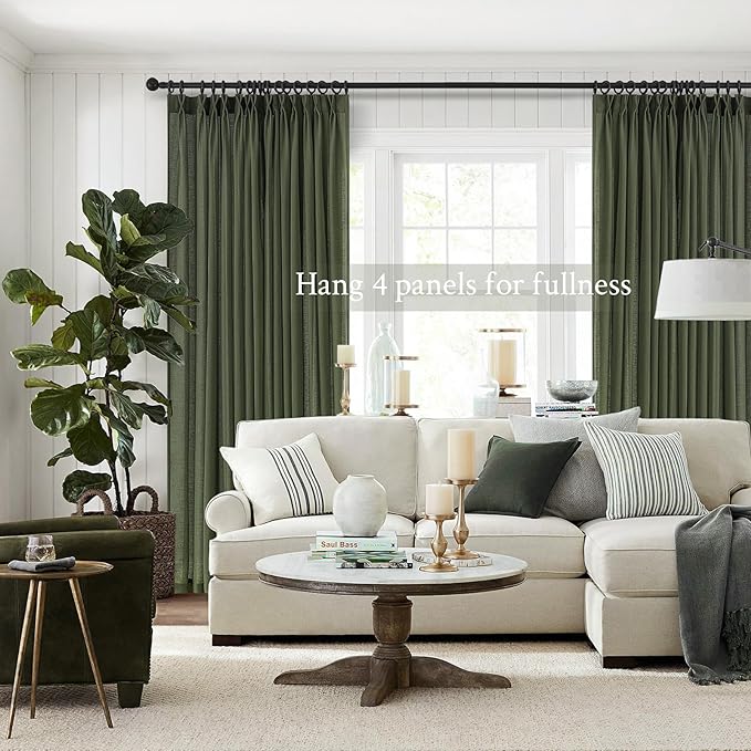 Topfinel Olive Green Pinch Pleated Semi Sheer Curtains Textured Linen Blended - Image 6