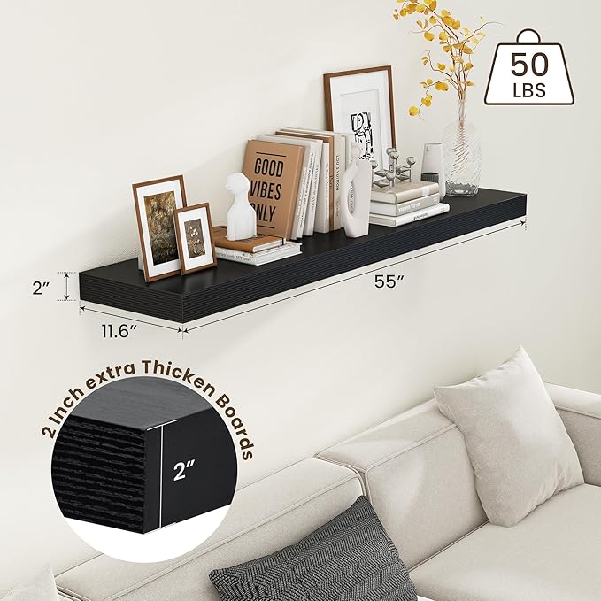 Black Floating Shelves for Wall - 55 Inch Wide x 12 Inch Deep Wall Shelves Set of 1 - Rustic Black Wood Shelves for Living Room, Bathroom, Laundry Room, Bedroom, Kitchen, Home Office