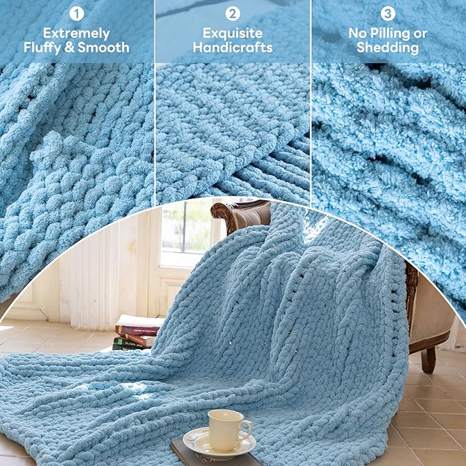 Chunky Knit Blanket - Luxury Soft Cozy 60 * 80 Throw Blanket,100% Woven Blanket Rope Knot Throw Blanket for Couch, Sofa, Home Decor, Gift - Machine Washable（Light Blue）
