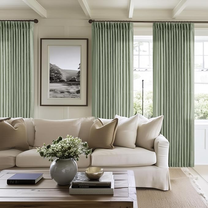 Sage Green Pinch Pleat Linen Semi Sheer Curtains 90 Inches Long 2 Panels | - Image 8