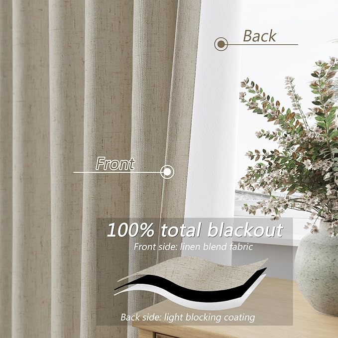 100% Blackout Linen Curtains for Bedroom 90 inches Long, Thermal Insulated Room - Image 4