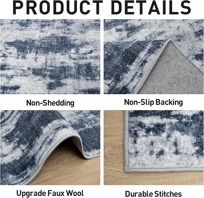 4x6 Area Rugs for Living Room: Washable Abstract Blue Grey Badroom Carpet | - Image 6