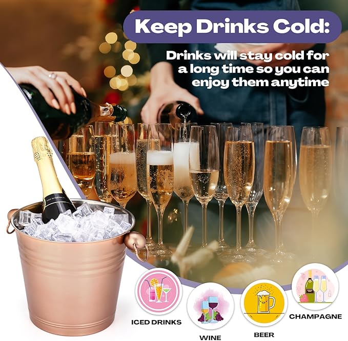 Amyhill 8 Pack Stainless Steel Ice Bucket 5.3 Quart/ 5 Liter with Handle Large Insulated Champagne Buckets Beer Bucket for Cocktail Bar Wine Parties Chilling Wine Champagne Home (Rose Gold)