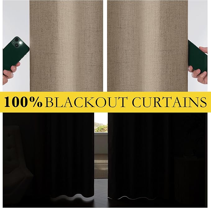 NICETOWN 100% Blackout Linen Curtains 84 inches Long 2 Panels, Thermal - Image 3