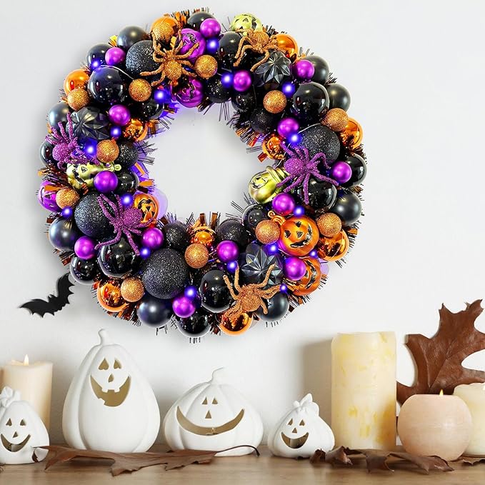 17 Inch Halloween Ball Wreath for Front Door with Lights, Lighted Cute Treat-or-Trick Door Wreath Ball Ornament for Halloween Indoor Decorations Centerpiece Party Holiday Wall Home Decor
