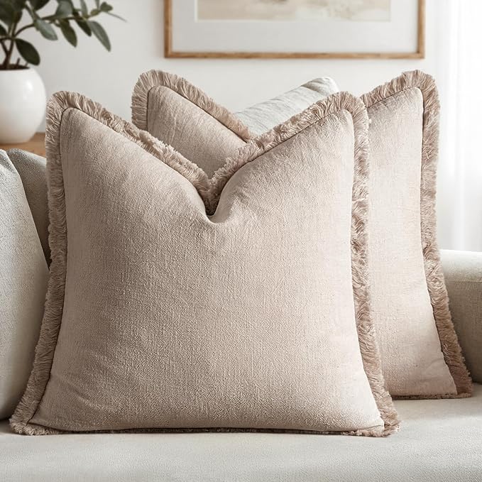 MIULEE Boho Natural Linen Fringe Decorative Throw Pillow Covers 18x18 | Set of 2 by MIULEE