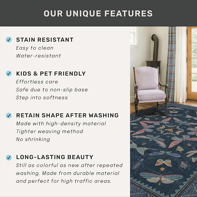 Blue Vintage Boho Area Rug 3x6, Washable Non Slip Indoor Carpet - Image 6
