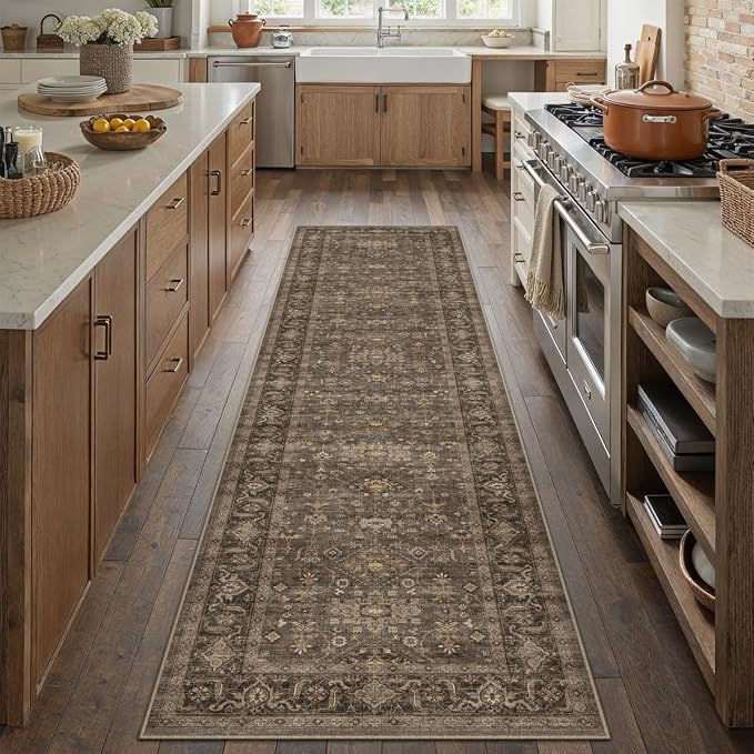 2x8 Washable Runner Rug for Hallway Kitchen Vintage Brown Non Slip Low Pile - Image 4