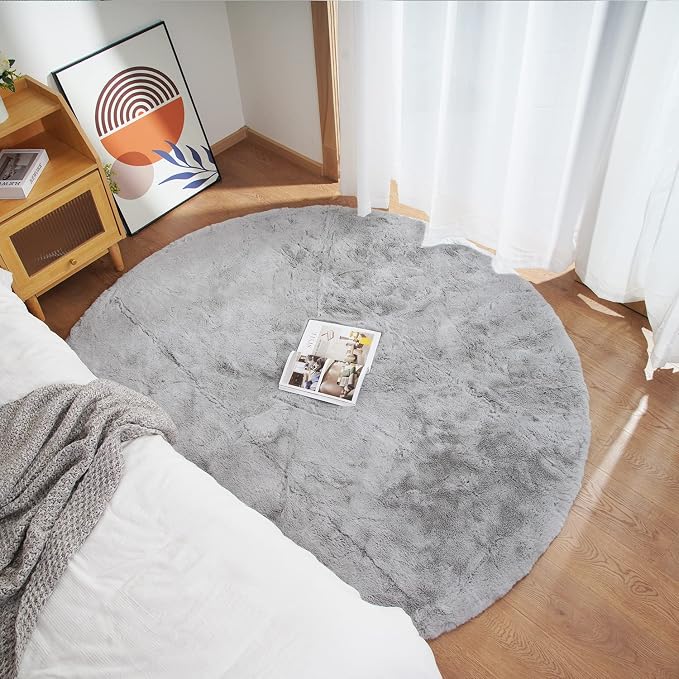 Ghouse Faux Rabbit Fur Round Rug 3ft Grey Round Rugs - Image 2