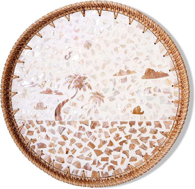 Round Rattan Tray with Mother of Pearl Inlay & Wooden Base - Decorative Wicker Serving Tray for Coffee/Bread/Fruits, Food Storage & Display - Multipurpose Home Decor (M,Island)