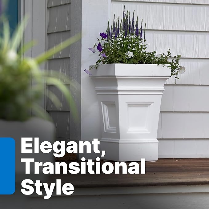 Step2 Atherton Square Planter, Large Planters for Outdoor Plants, Gardening and Flower Pot for Patio or Porch, Efficient Drainage, Durable Plastic, Classic White
