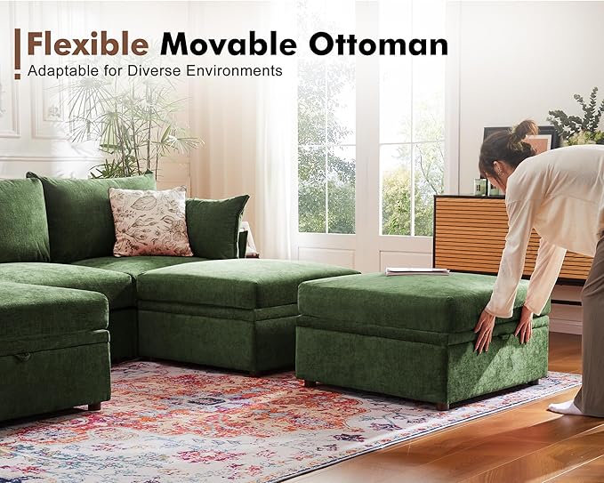 102.6" Modular Sectional Sofa, L Shaped Couch Set for Living Room, 3-Seater Comfy Cloud Couches with Movable Storage Ottoman,DIY Combination - Chenille Green