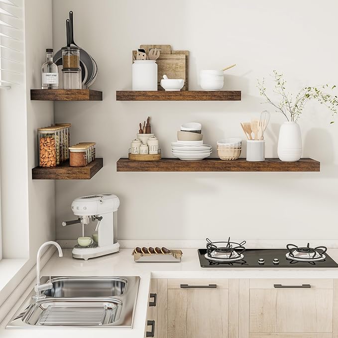 12" Deep Floating Shelves for Wall 55 Inches Long, Heavy Duty Wall Shelves for Bedroom Bathroom Kitchen Laundry Room, Farmhouse Rustic Shelves for Home Decor, 55" X 12" X 2" Set Of 2, Rustic Brown