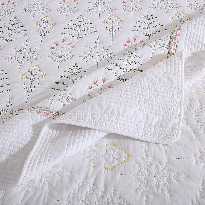 MarCielo 3-Piece 100% Cotton Oversized Bedspread Lightweight Quilt Coverlet Embroidery Farmhouse Bedding Set(TL Floral White,Oversized King (118"x106"))