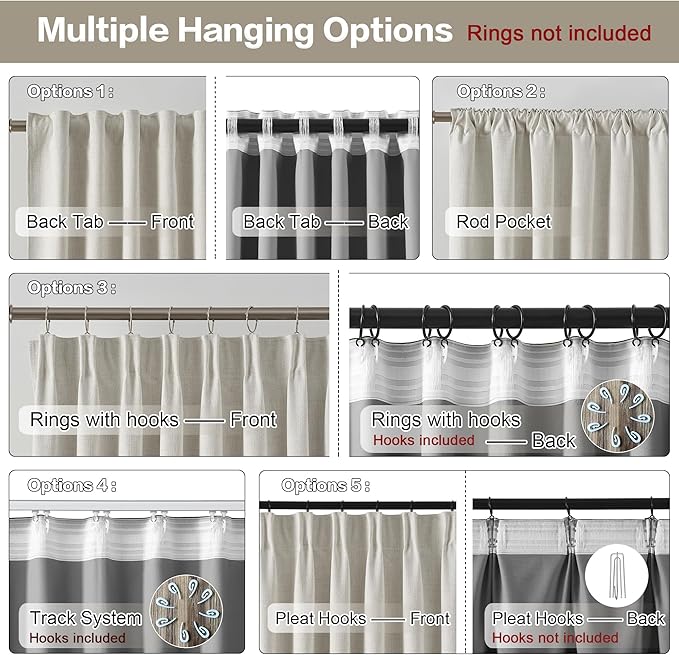 RAIN CITY Natural Birch Blackout Curtains 63 Inch Long 2 Panel Set, Boho Farmhouse Linen Drapes for Bedroom Textured Hook Included 50" x 63"