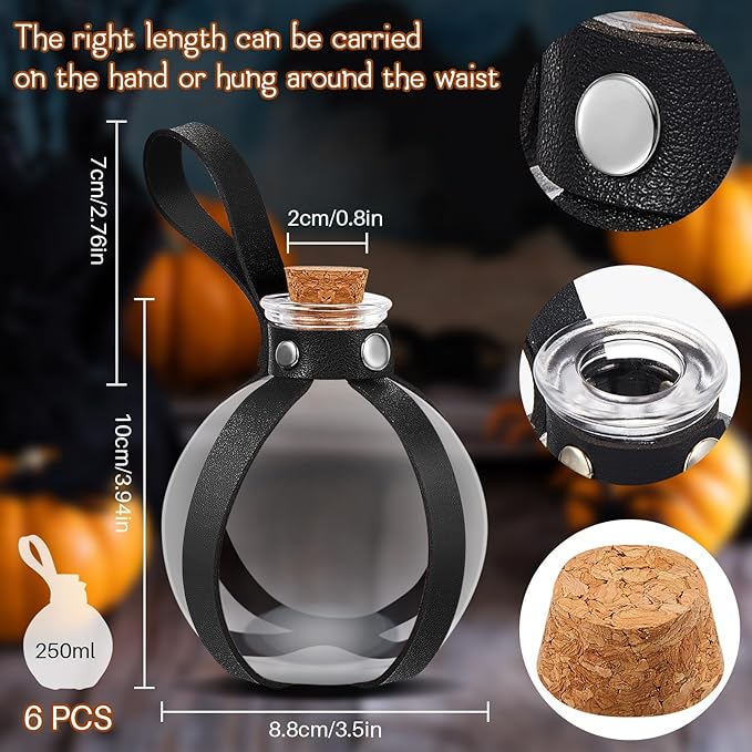 Patelai 6 Pcs Halloween Glass Potion Bottles with Belt Cork Renaissance Witch Costume Accessories Witch Props Potion Bottle for Halloween Party Decor Cosplay DIY Crafts Gift (Black)