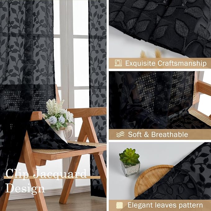 Chyhomenyc Black Sheer Curtains 36 Inch Length, Light Filtering Leaf Tufted - Image 7
