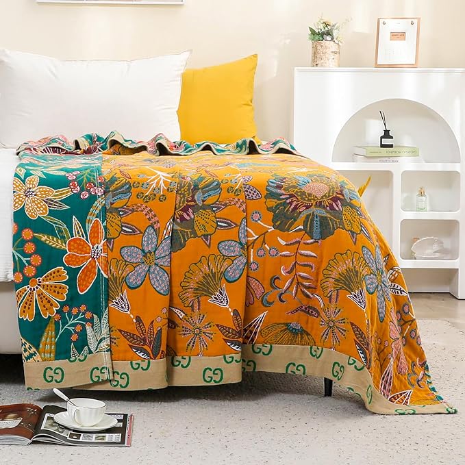 Boho Throw Blankets Reversible Luxurious Cotton Bed Throws with Vintage Bohemian Design & Yellow/Green Lightwight Floral Decor Blanket, Perfect as Bed Sofa Quilt 80" x 90"