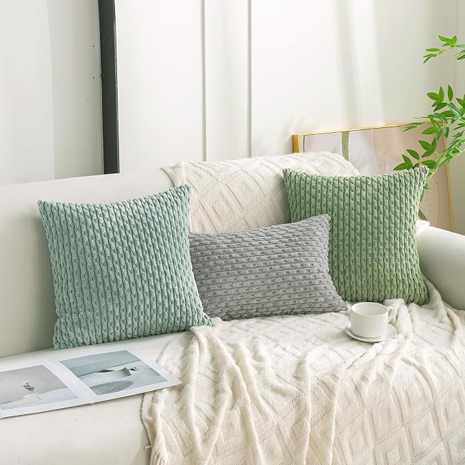 Set of 4 Sage Forest Green Decorative Throw Pillow Covers 18x18 Inch Corduroy - Image 3
