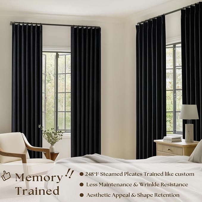 Black 63 Inch Length Blackout Pleated Linen Curtains - Image 2