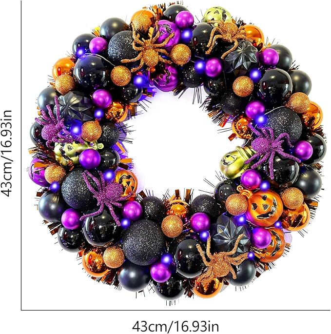17 Inch Halloween Ball Wreath for Front Door with Lights, Lighted Cute Treat-or-Trick Door Wreath Ball Ornament for Halloween Indoor Decorations Centerpiece Party Holiday Wall Home Decor