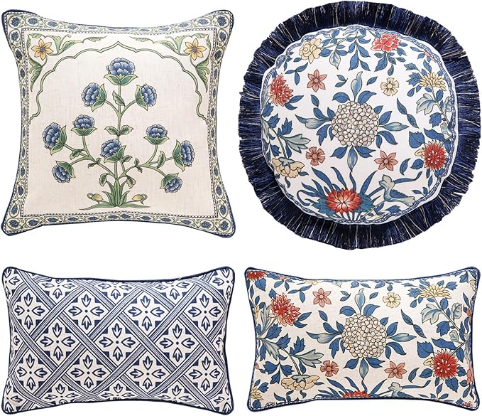patdrea Designer Floral Linen Throw Pillow Covers,Blue French Cottage Flower Pattern Decorative Pillowcases Cushion for Bed Living Room Outdoor Car,Pack of 4