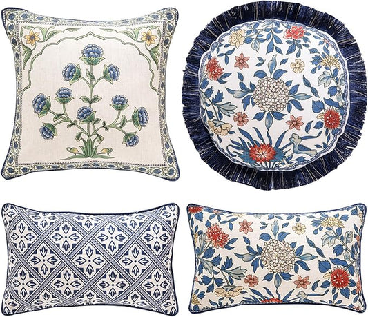 patdrea Designer Floral Linen Throw Pillow Covers,Blue French Cottage Flower Pattern Decorative Pillowcases Cushion for Bed Living Room Outdoor Car,Pack of 4