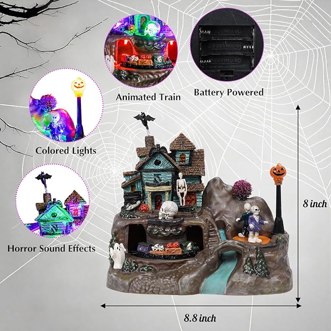 DREAM GARDEN Halloween Village Collection, Lighted Spooky Haunted House with Animated Train and Scary Sound Halloween Collectible Bulidings with Skull, Pumpkin, Ghost for Holiday Party Tabletop Decor
