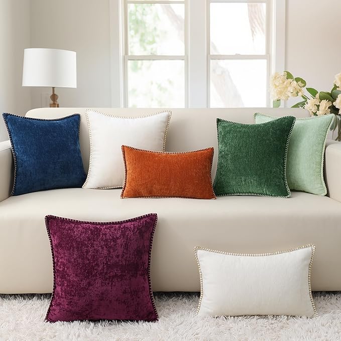 decorUhome Chenille Soft Throw Pillow Covers 24x24 Set of 2, Farmhouse Velvet Neutral Decorative Euro Pillow Covers with Stitched Edge for Couch Sofa Bed Home Decor, White