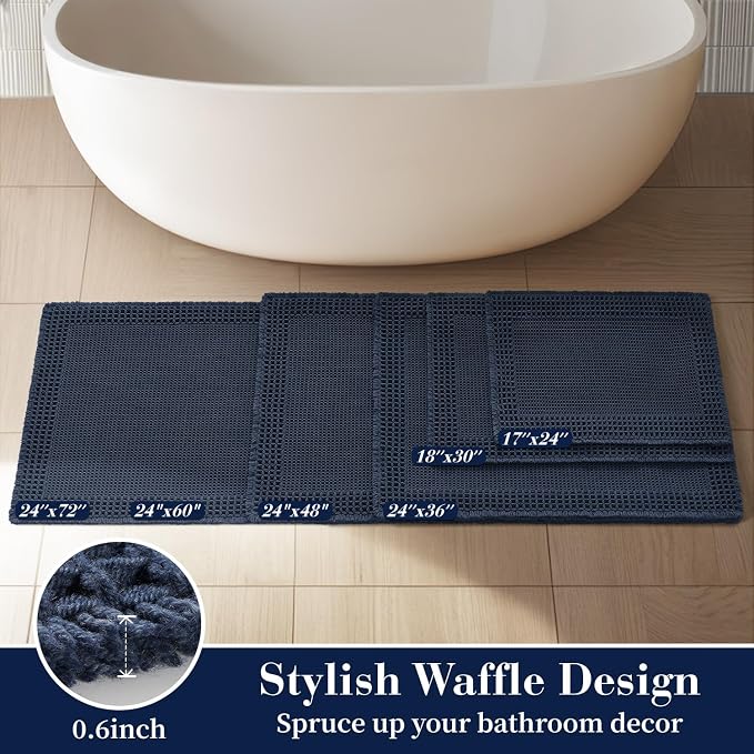 RESARE Waffle Bathroom Runner Rugs, Non Slip Boho Bath Mat 24"x48" Navy | Long - Image 5