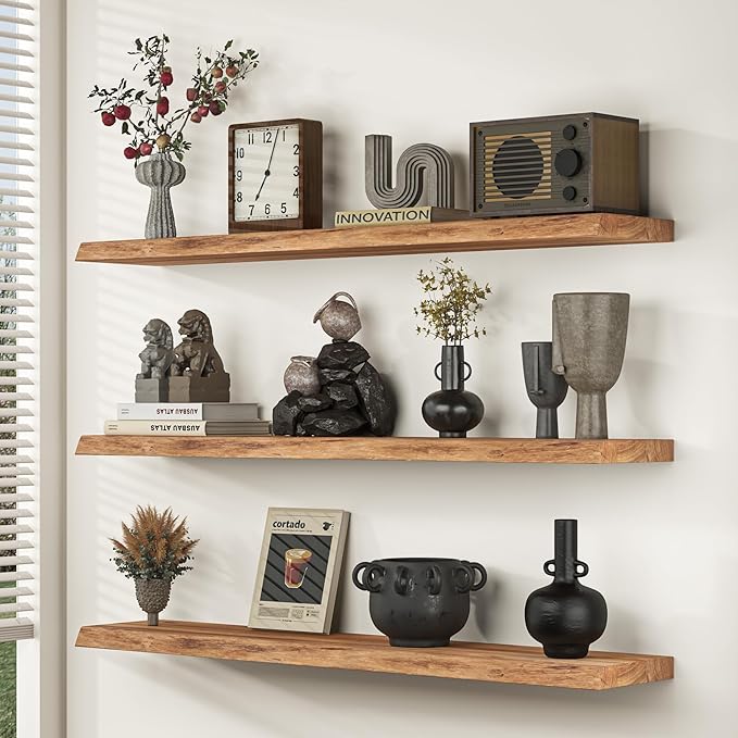 Floating Shelves for Wall, 24"x9.3" Rustic Solid Live-Edge Elm Wood Wall Shelves, Heavy-Duty Floating Shelves with Invisible Brackets, Set of 2 for Living Room, Bedroom, and Kitchen, Natural Finish