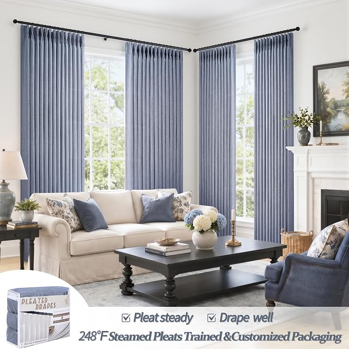 Sheer Linen Pinch Pleated Light Filtering Greyish Blue 90 Inch Curtains - Image 4