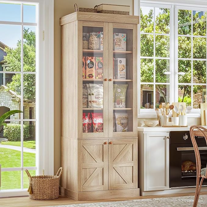 Vyre 71" Tall Farmhouse Bookshelves with Glass Doors, Large Modular Bookcase with Adjustable Shelves, Storage Cabinet for Living Room, Kitchen, Home Office, Brown