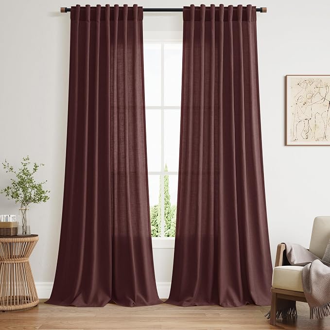 Extra Long Curtain Reddish Brown Morden Linen Blend Light Filtering Back Tab by Nanspring