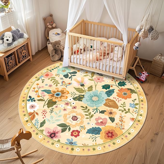 RELEANY Floral Washable Round 6ft Area Rug Ivory/Yellow | Flower Carpet Print by RELEANY
